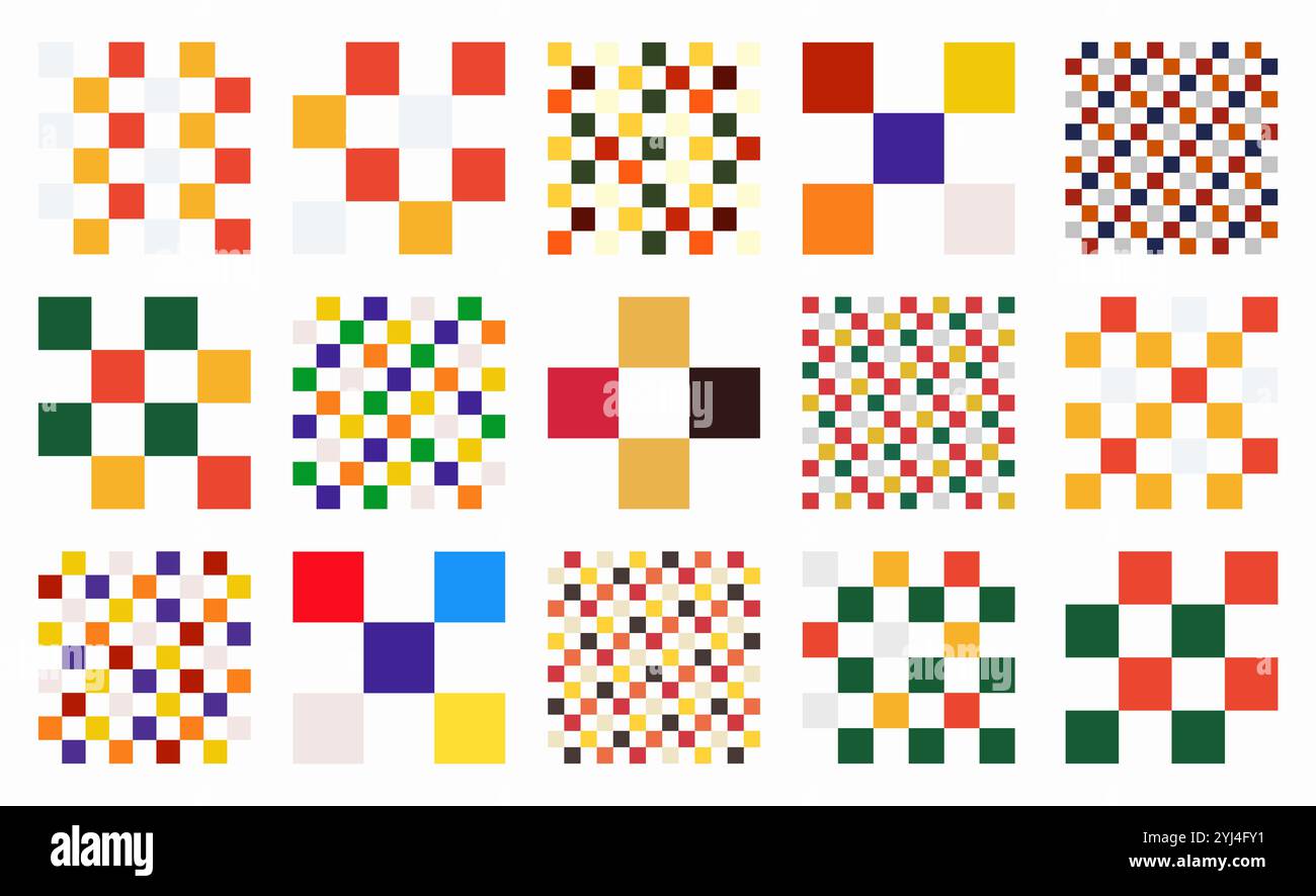 Set di coloratissimi motivi a scacchi con quadrati lineari geometrici. Design a griglia e blocchi con colori vivaci. Illustrazioni vettoriali di alta qualità ideali per Illustrazione Vettoriale Set di coloratissimi motivi a scacchi con quadrati lineari geometrici. Design a griglia e blocchi con colori vivaci. Illustrazioni vettoriali di alta qualità ideali per Illustrazione Vettoriale