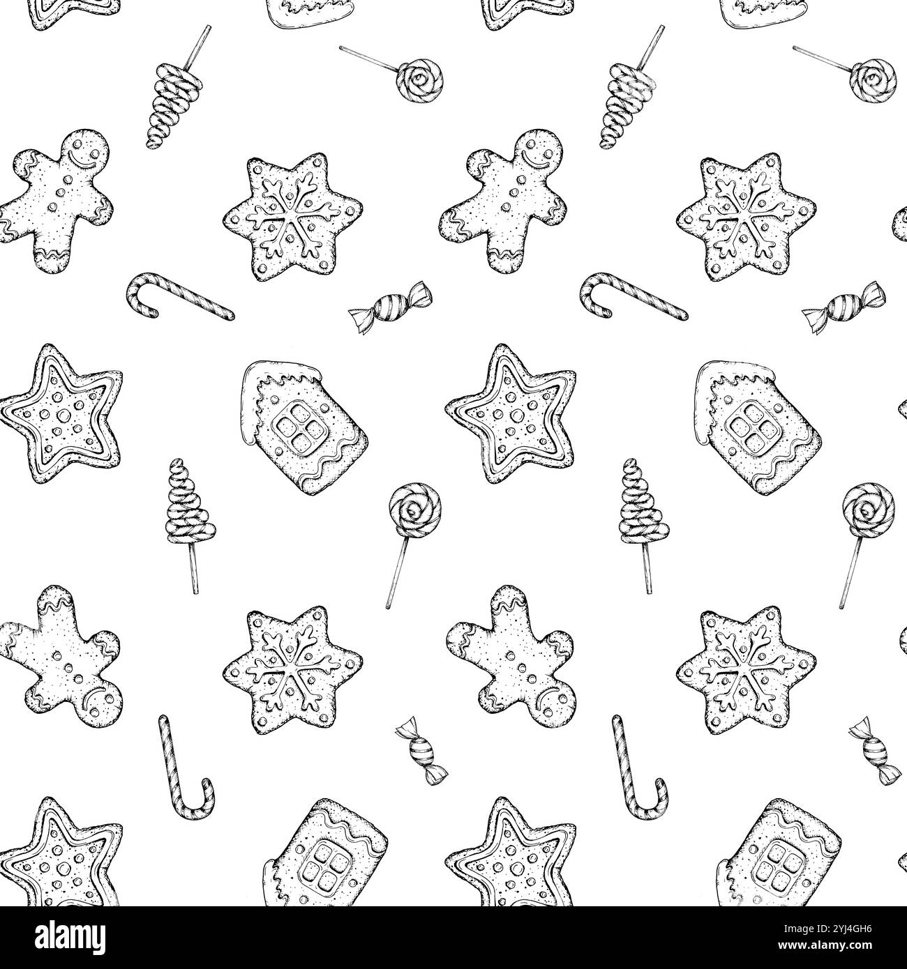 Motivo vettoriale senza cuciture di lecca-lecca di Natale, biscotti, canne di caramelle. Gingerbread, stelle, casa vacanze, fiocchi di neve per pasticceria Illustrazione Vettoriale