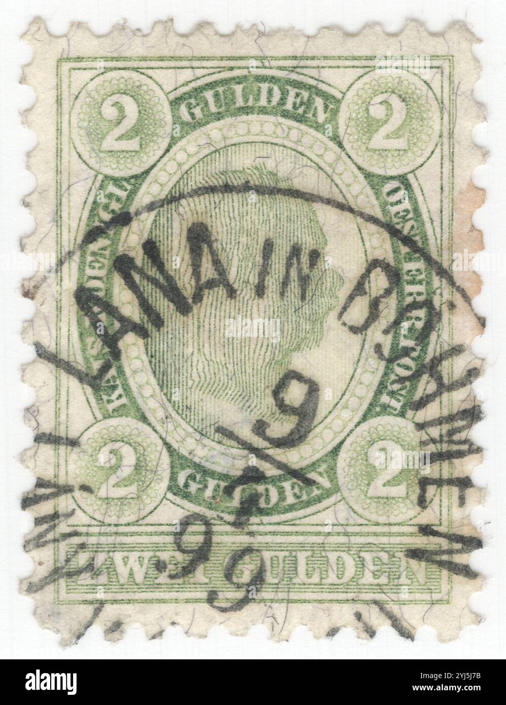 AUSTRIA — 1896 febbraio 01: 2 francobolli gulden grigio-verde raffiguranti il ritratto in rilievo dell'imperatore monarca austriaco Francesco Giuseppe. Francesco Giuseppe i o Francesco Giuseppe i fu imperatore d'Austria, re d'Ungheria, e gli altri stati della monarchia asburgica dal 2 dicembre 1848 fino alla sua morte, avvenuta il 21 novembre 1916. Nella prima parte del suo regno, i suoi regni e territori furono indicati come Impero austriaco, ma furono ricostituiti come la doppia monarchia dell'Impero austro-ungarico nel 1867. Dal 1 maggio 1850 al 24 agosto 1866, Francesco Giuseppe fu anche presidente della Confederazione tedesca Foto Stock