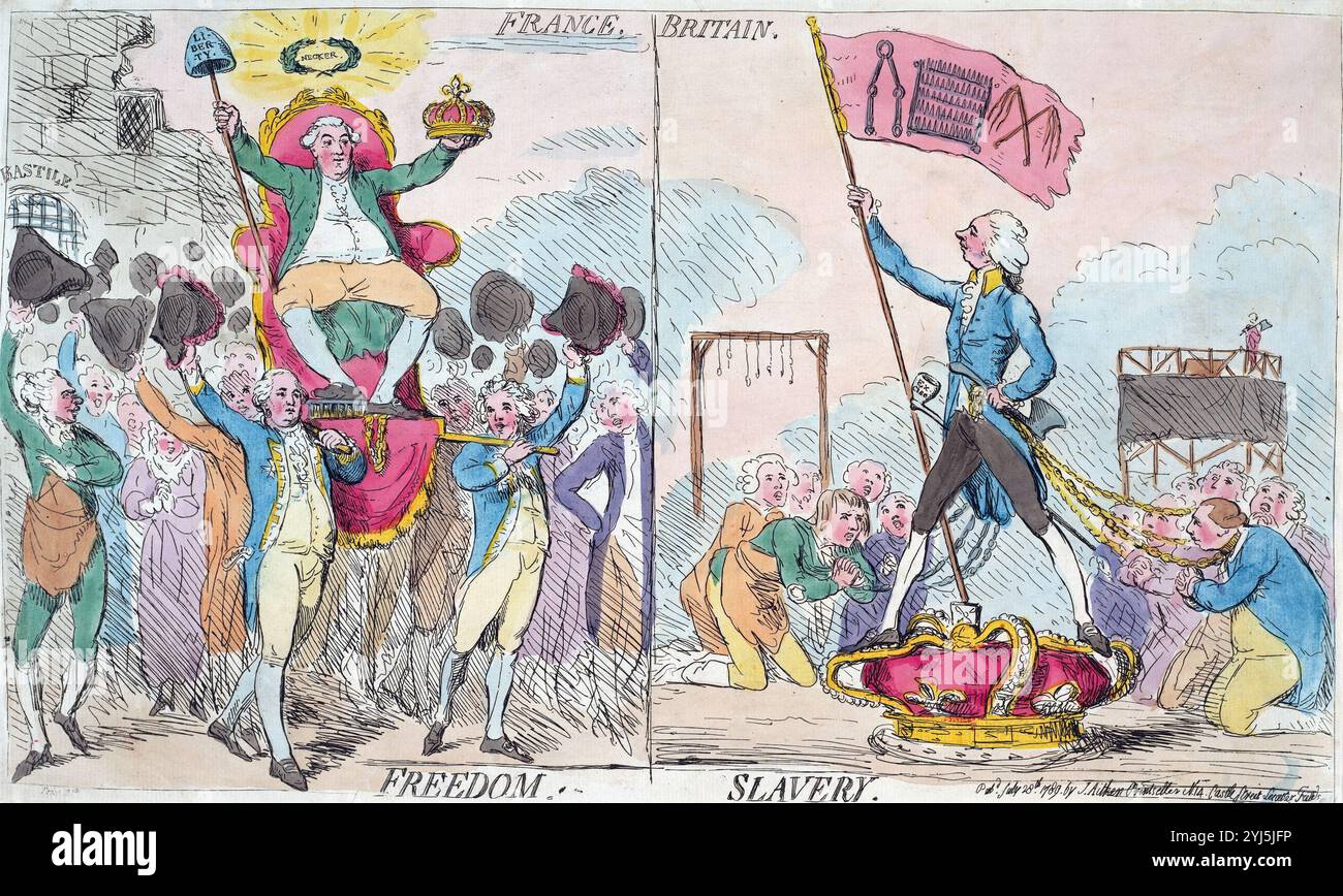 Una stampa incisione colorata di Freedom France, acquerello di Slavery Britain su carta vintage XVIII secolo creato da James Gillray antica stampa arte grafica caricature umane, stampa satirica cartoni politici stampa antica, relazioni anglo-francesi Foto Stock