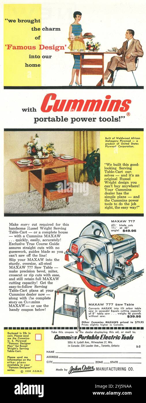 1956 annuncio Cummins Portable Power Tools - John Oster Manufacturing Co Foto Stock