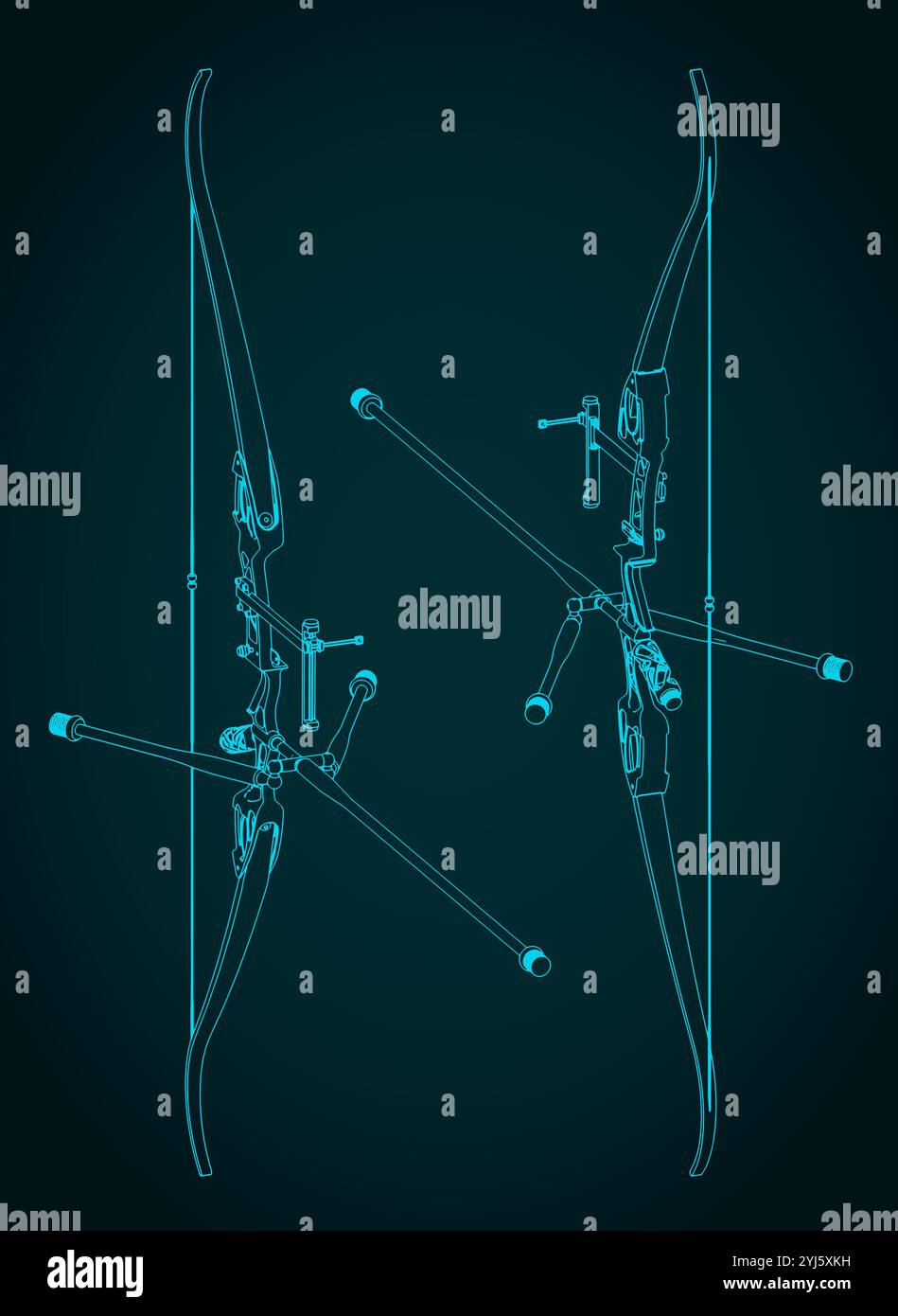 Illustrazione vettoriale stilizzata di blueprint isometrici del kit di arco ricorsivo bersaglio Illustrazione Vettoriale