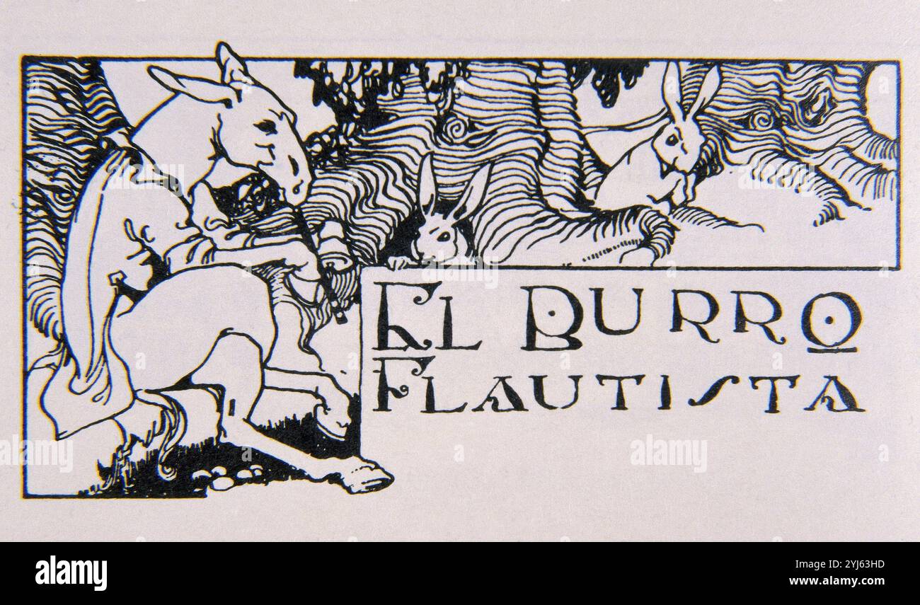 EL BURRO FLUTISTA - DIBUJO PARA LA FABULA DE IRIARTE - 1915. Autore: PEDRO MUGURUZA. Luogo: RITIRO PRIVATO. MADRID. SPAGNA. Foto Stock