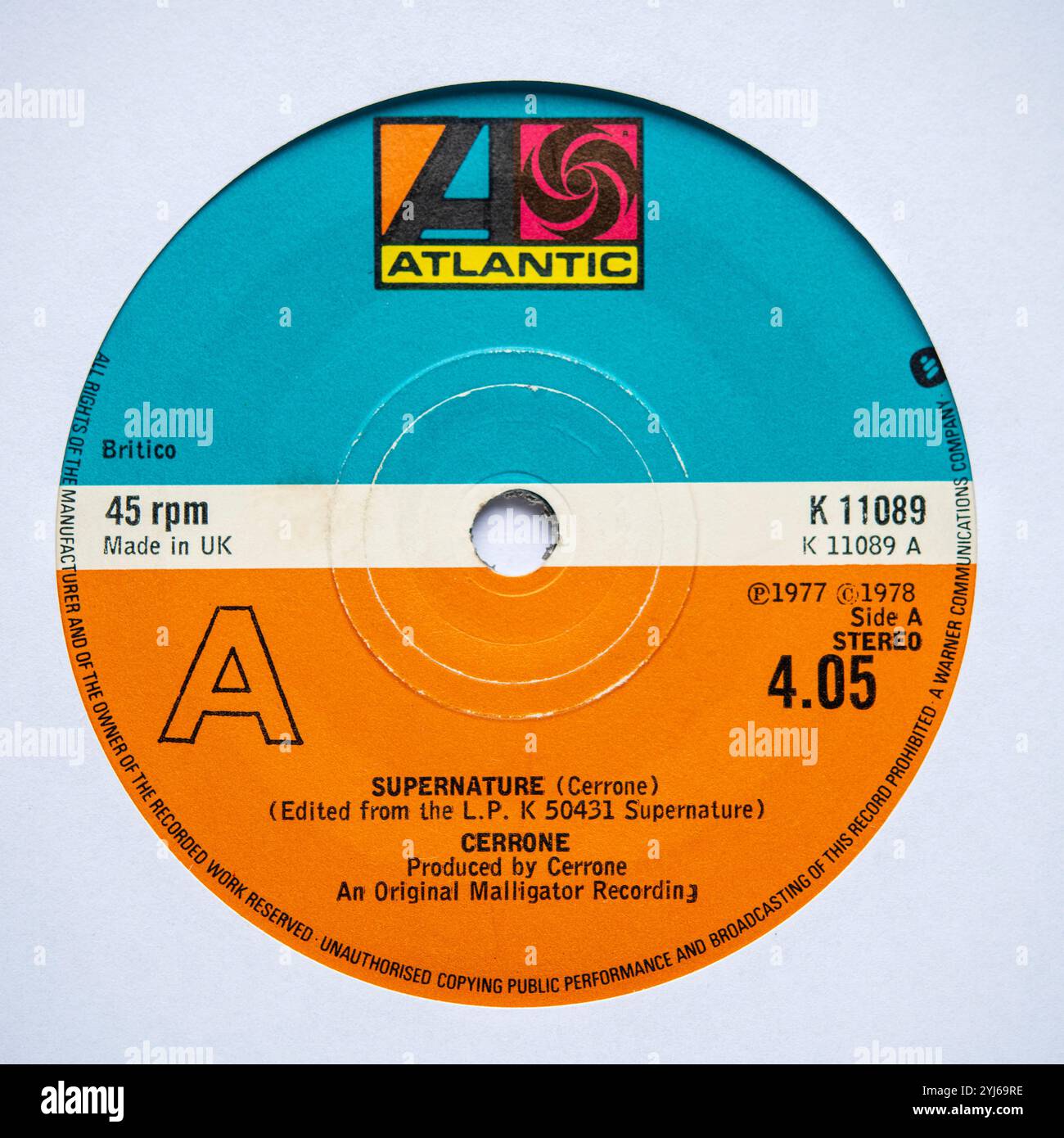 Etichetta centrale della versione single da sette pollici di Supernature by Cerrone, che è stata pubblicata nel 1977 Foto Stock