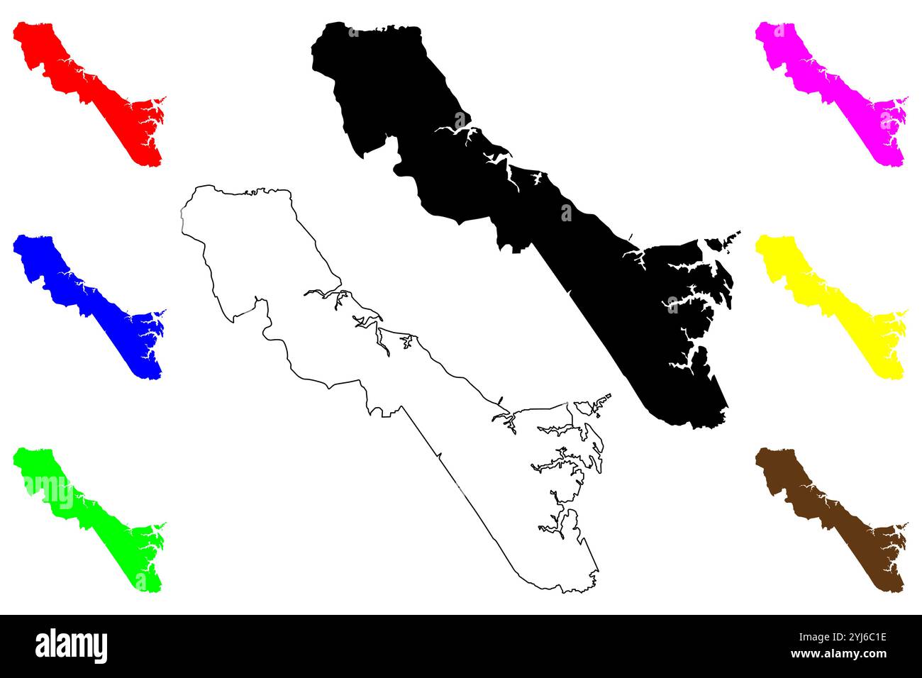 York County, Commonwealth of Virginia (Stati Uniti, Stati Uniti d'America, Stati Uniti, Stati Uniti, Stati Uniti) mappa vettoriale illustrazione, schizzo scrimolo Charles River ma Illustrazione Vettoriale