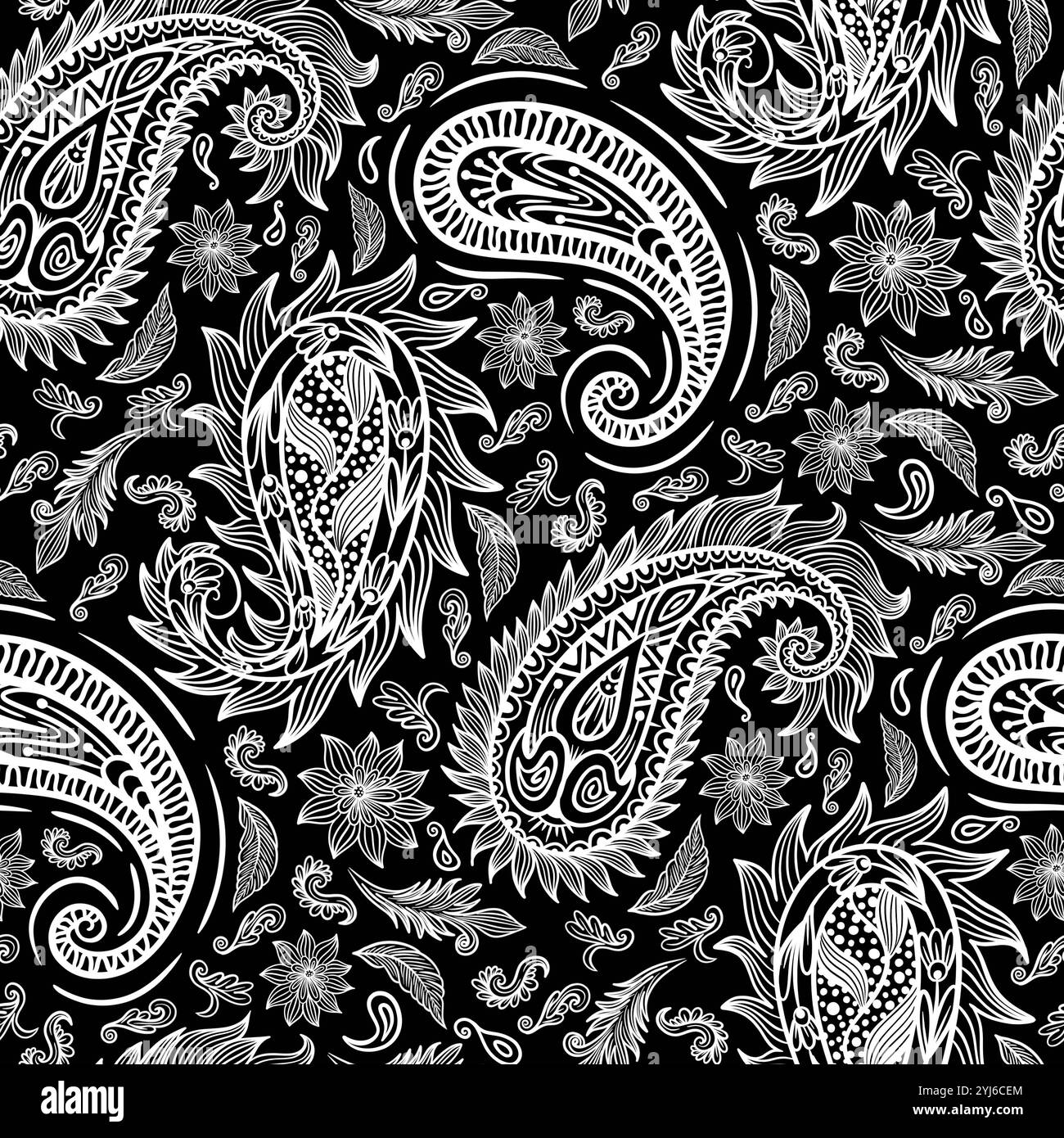 Design di stampa ornamentale senza cuciture per seta, sciarpa, carta da imballaggio, tessuto, album, tessere. Motivo Paisley monocromatico disegnato a mano. Foto Stock