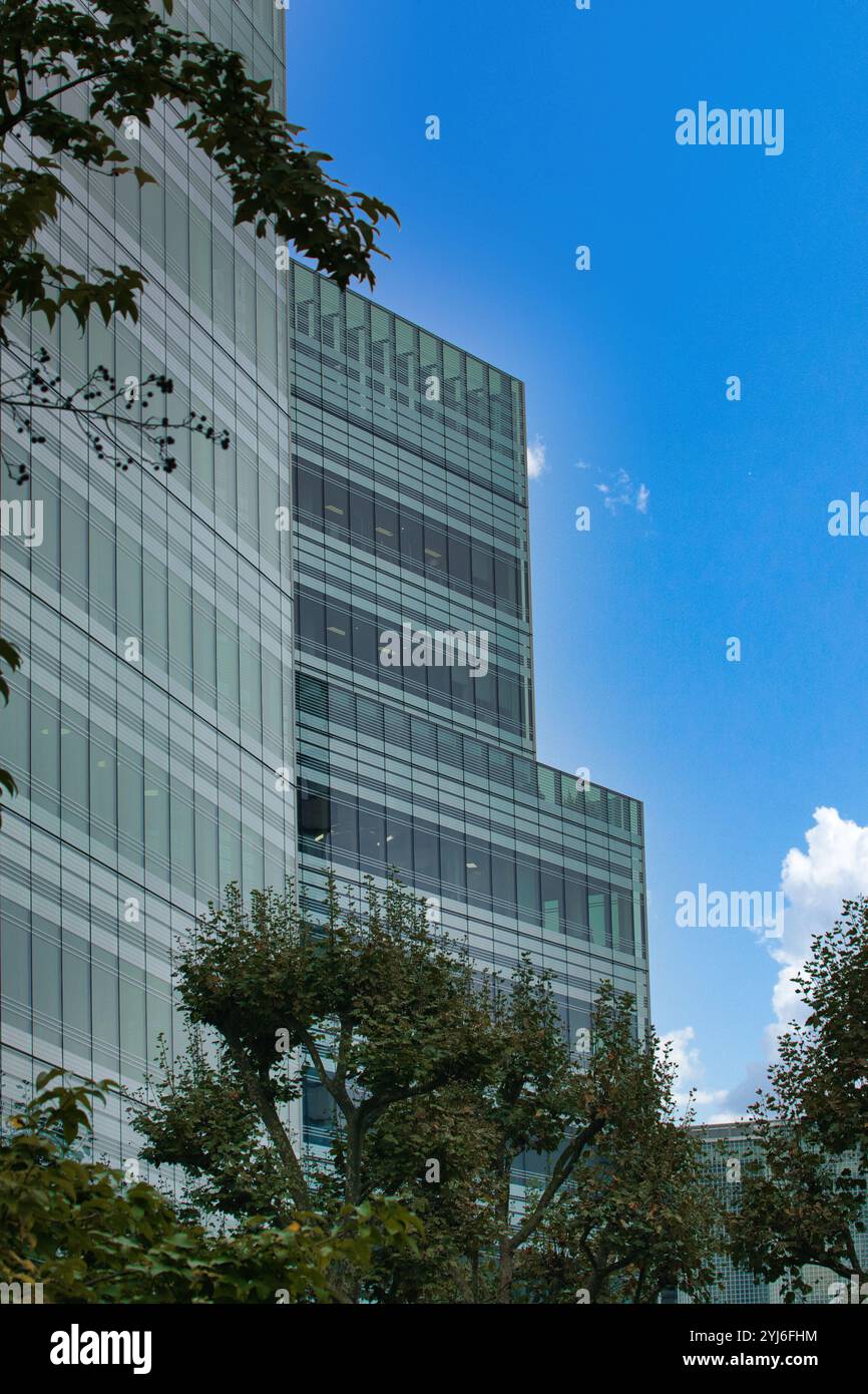 Un moderno edificio in vetro con una facciata a griglia, parzialmente oscurata dagli alberi e un cielo blu con nuvole. Foto Stock Un moderno edificio in vetro con una facciata a griglia, parzialmente oscurata dagli alberi e un cielo blu con nuvole. Foto Stock