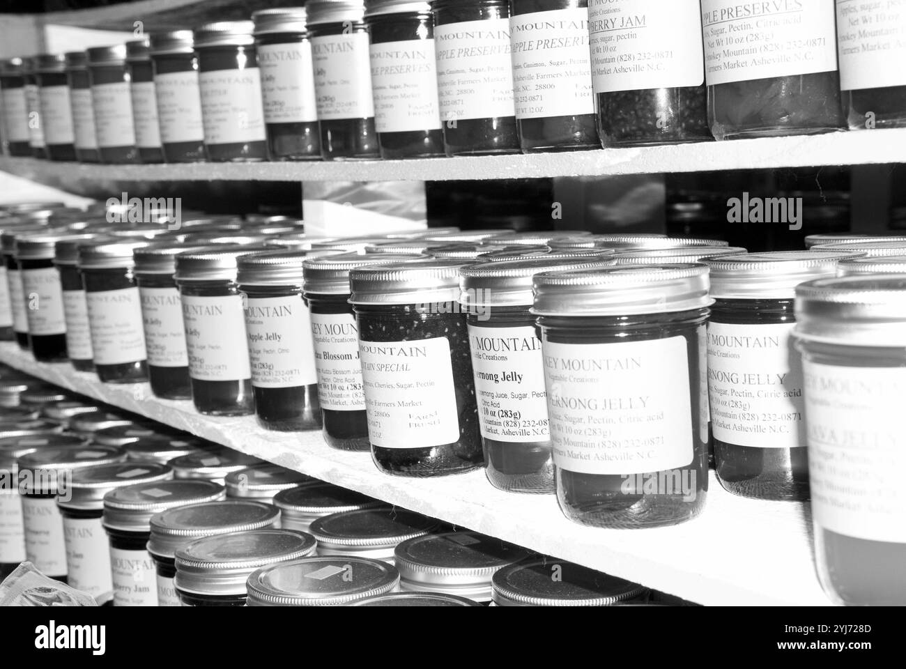 Mostra di vasetti di gelatina e marmellata al WNC Farmers Market di Asheville, North Carolina, Stati Uniti. Foto Stock