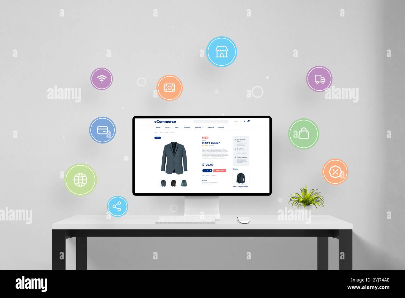 Shopping online per il blazer da uomo sul sito Web di eCommerce visualizzato sullo schermo del computer, circondato da icone che rappresentano shopping, pagamento e consegna Foto Stock