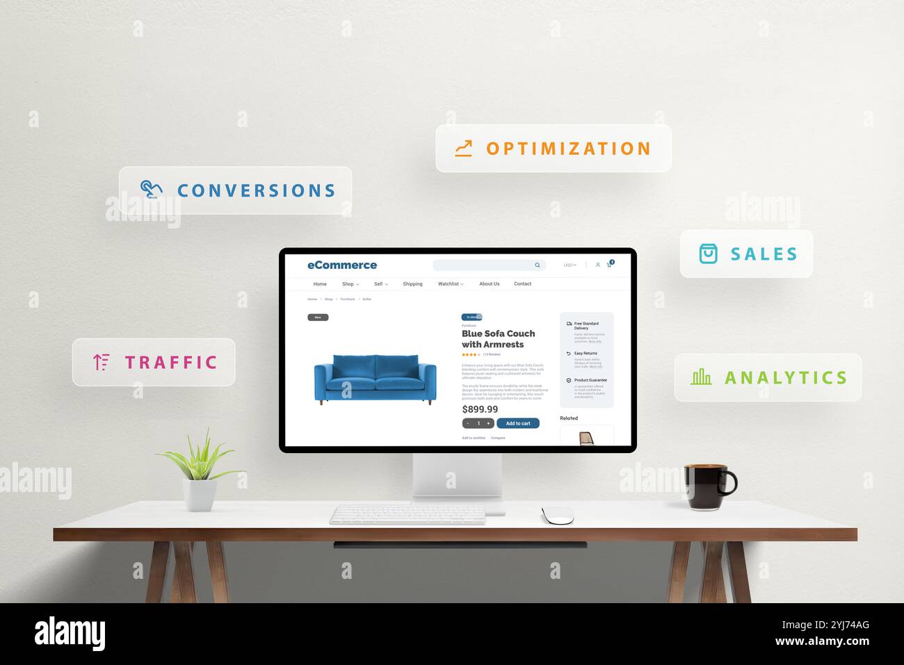 Agenzia di marketing che migliora le vendite online per il divano blu sul sito di eCommerce, con icone per traffico, conversioni, ottimizzazione, vendite e analisi Foto Stock