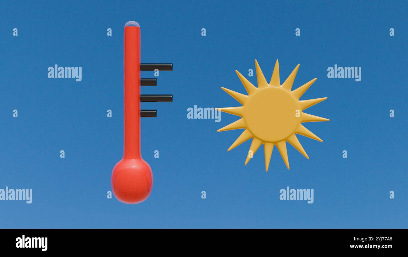 Termometro rosso e sole che indicano calore e temperatura elevata. Ideale per progetti relativi a temperatura, calore e clima. Foto Stock