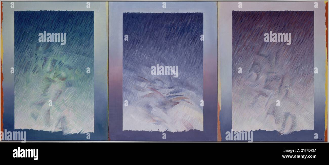 TRIPTICO - HOMENAJE A LA CONSTITUCION ESPAÑOLA DE 1978 - SIGLO XX - OLEO/LIENZO - 267 X 116 CM. AUTORE: AGUSTIN CELIS. UBICAZIONE: CONGRESO DE LOS DIPUTADOS-PINTURA. MADRID. SPAGNA. Foto Stock