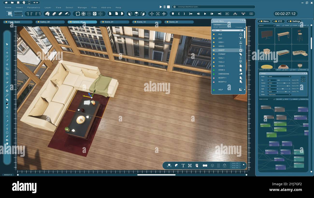 Le risorse vengono trasferite nel programma di modellazione 3D dal progettista architettonico in un appartamento con rendering per progetti di interior design. Interfaccia software CAD utilizzata per realizzare planimetrie domestiche e mobili virtuali Foto Stock