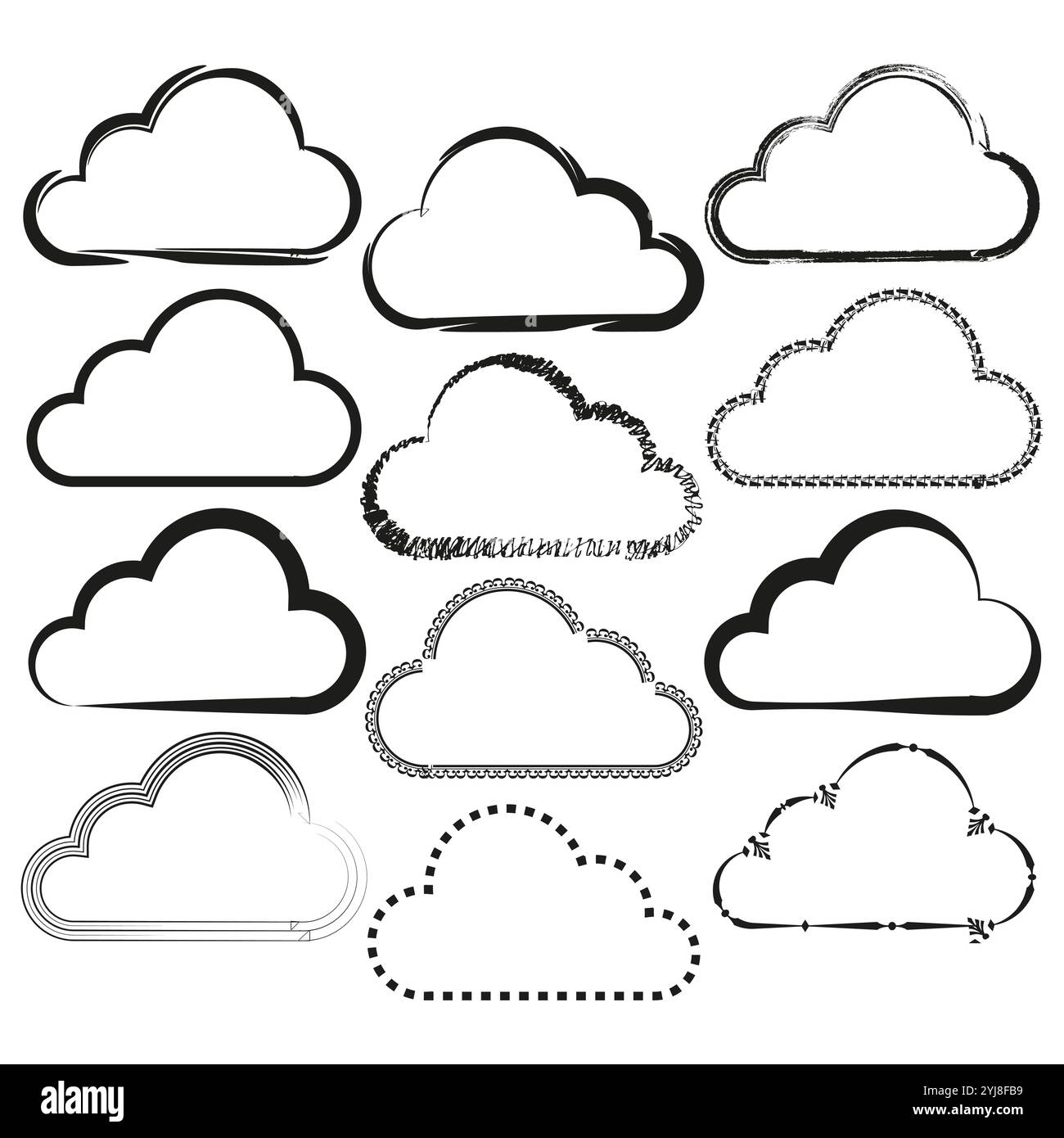 Raccolta di profili cloud. Nuvole di schizzo Doodle. Icone di silhouette nere. Illustrazione vettoriale. Illustrazione Vettoriale