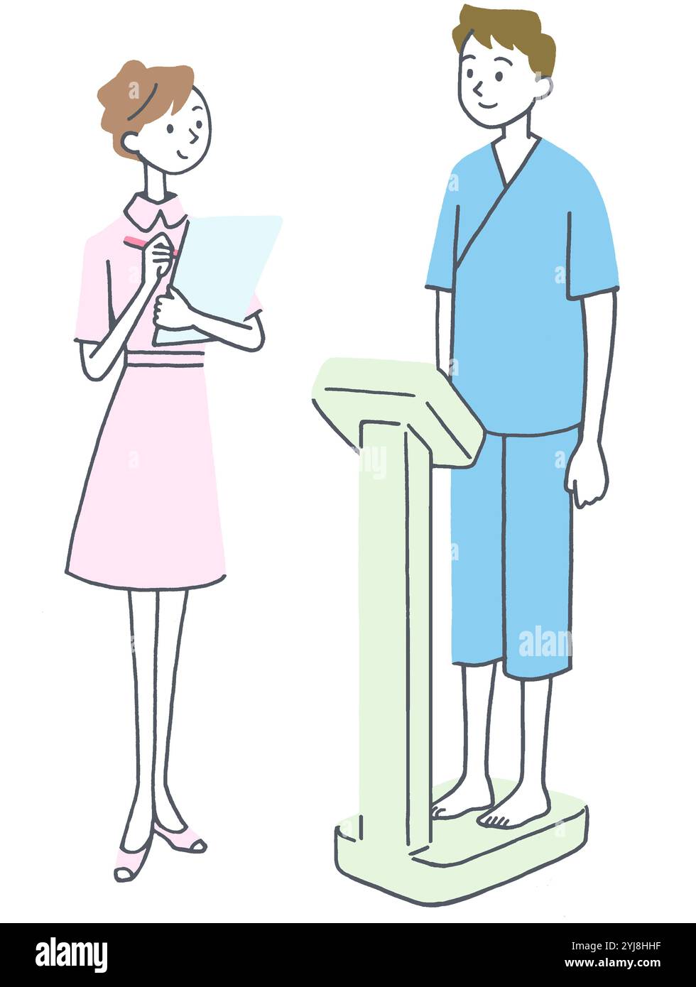 Infermiera che pesa se stessa e l'illustrazione maschile Foto Stock