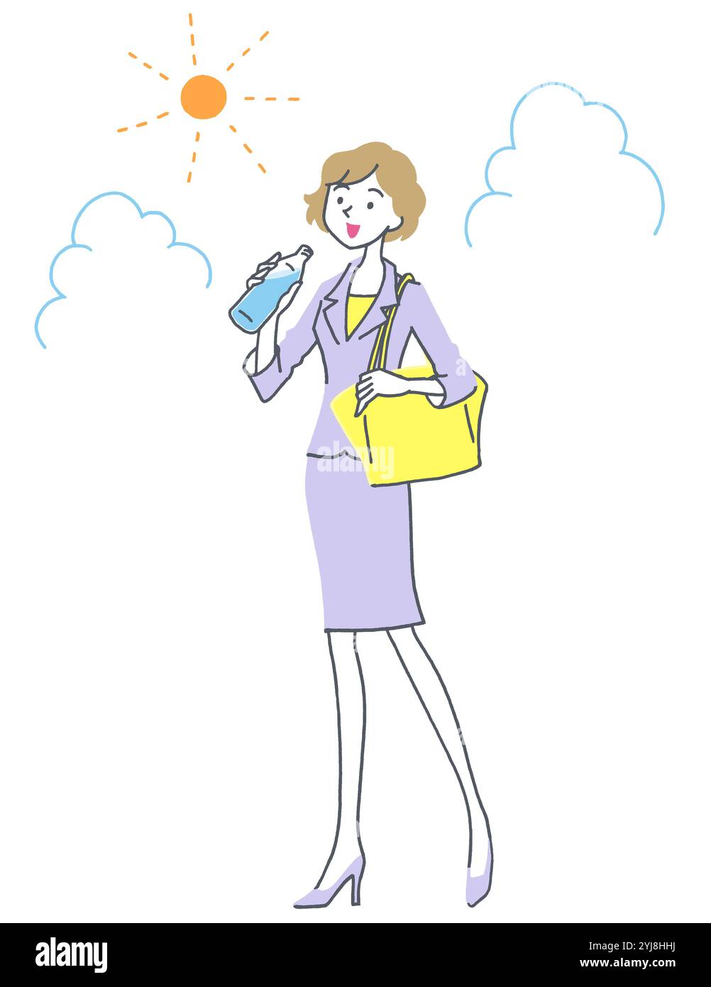 Clip art di una lavoratrice d'ufficio che beve acqua da una bottiglia di plastica Foto Stock