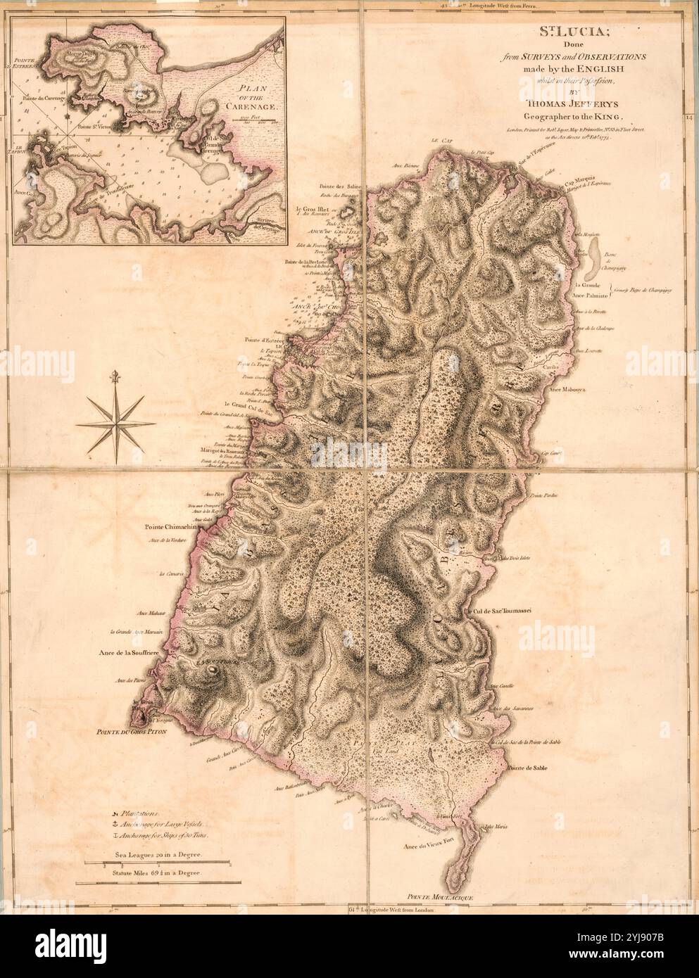 Mappa britannica d'epoca dell'isola di Santa Lucia nelle Indie occidentali intorno al 1775 Foto Stock