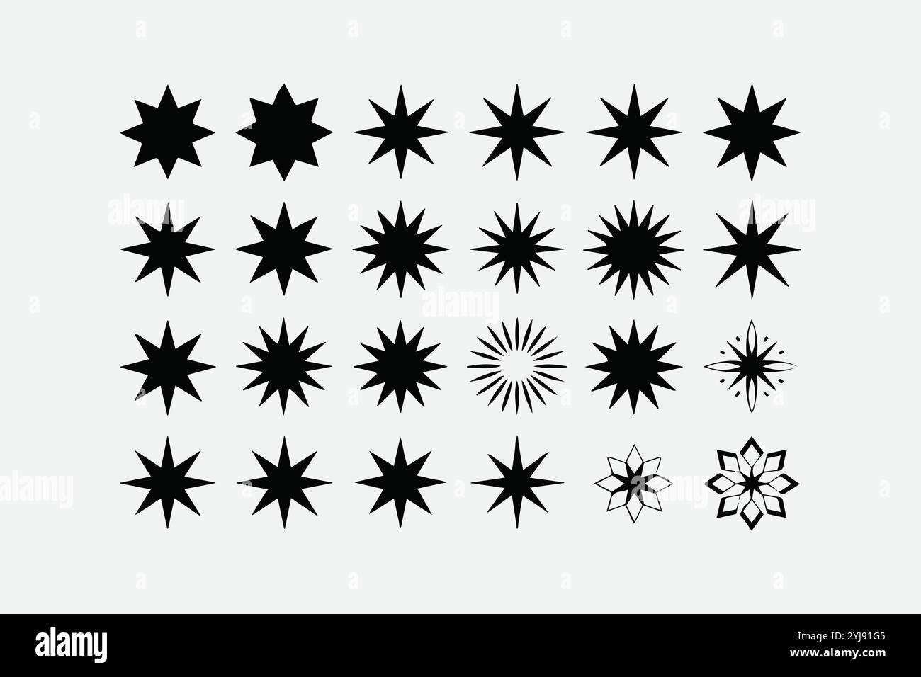 Set di illustrazioni vettoriali a stelle moderne e semplici, raccolta Black Stars, icone vettoriali a stelle moderne, file facilmente modificabile. Illustrazione Vettoriale