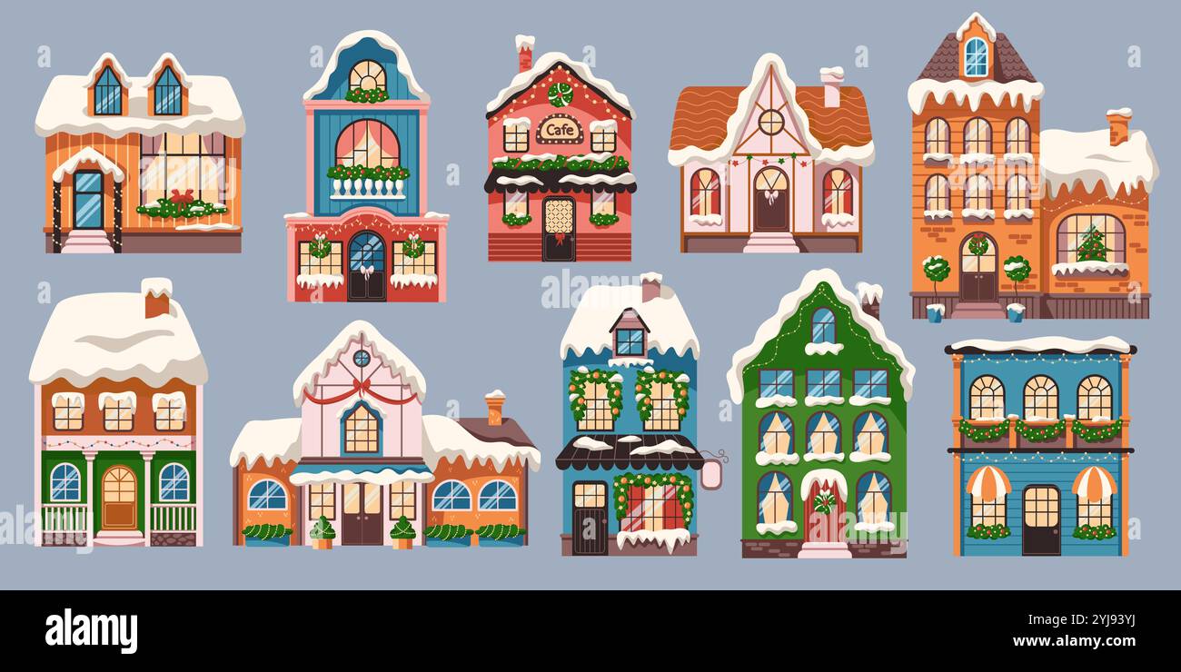 Edifici ordinati con tetti innevati sul set di oggetti vettoriali a colori natalizi. Le illustrazioni delle case natalizie di Capodanno sono disponibili su sfondo grigio Illustrazione Vettoriale