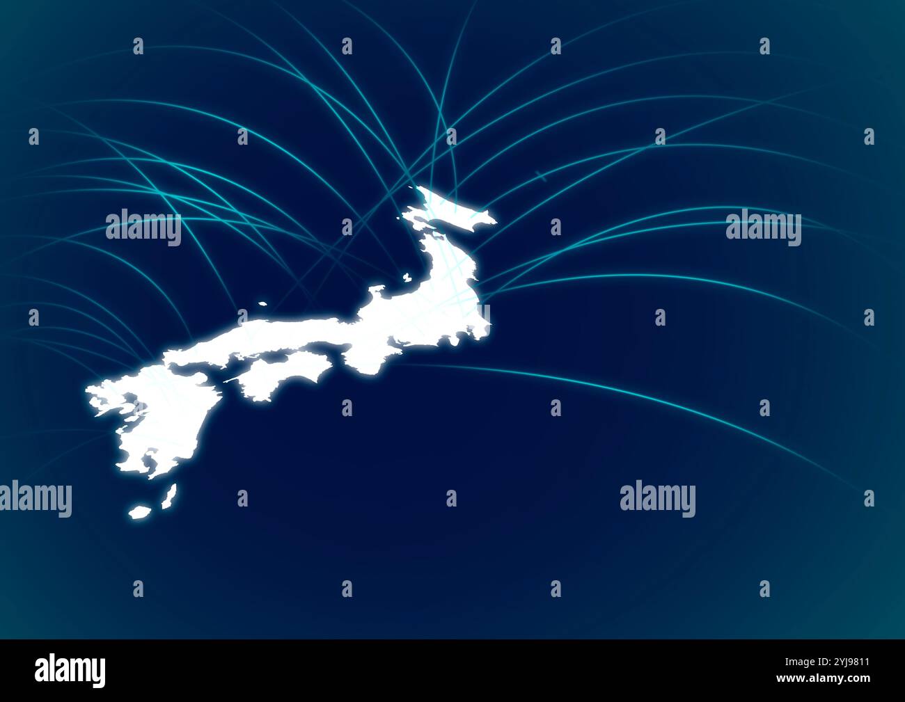 Sfondo blu scuro e curve di luce che si estendono dalle isole giapponesi Foto Stock