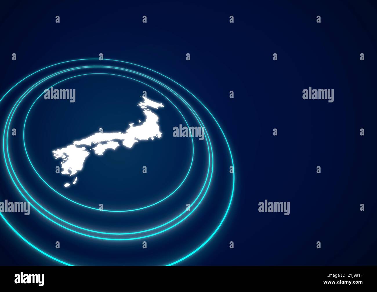 Sfondo blu scuro e un cerchio di luce che circonda le isole giapponesi Foto Stock