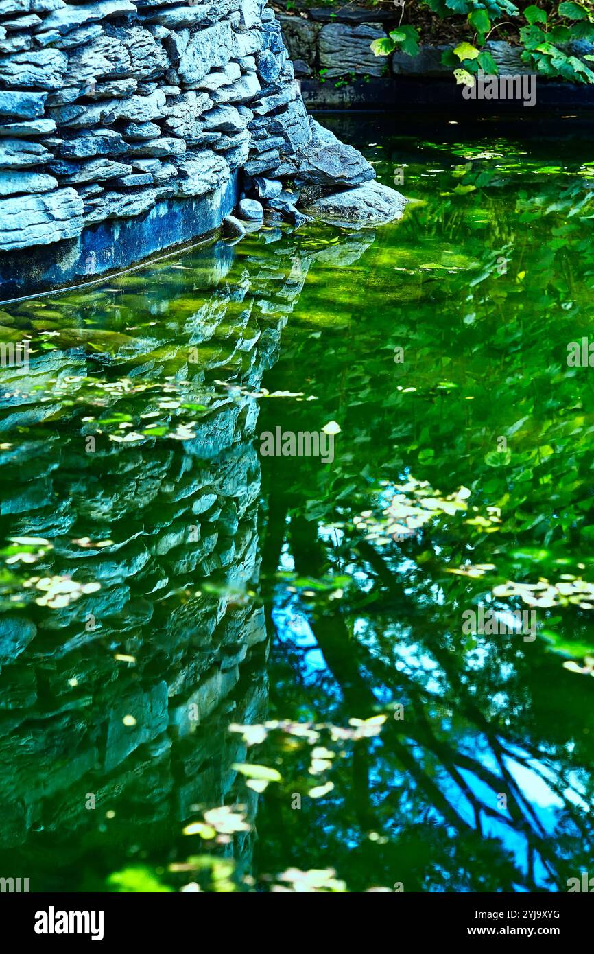 Parete di pietra riflessa nello stagno nel parco Foto Stock