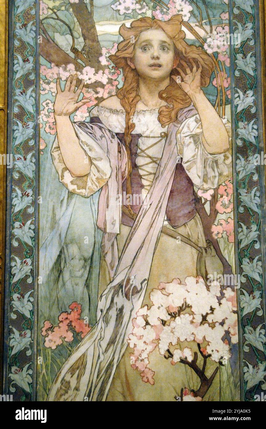 Alphonse Maria Mucha (1860-1939). Pittore ceco e artista decorativo, uno dei principali rappresentanti della "Art Nouveau". Maude Adams (1872-1953) come Giovanna d Arco, 1909. Olio su tela. Metropolitan Museum. New York. Stati Uniti. Foto Stock