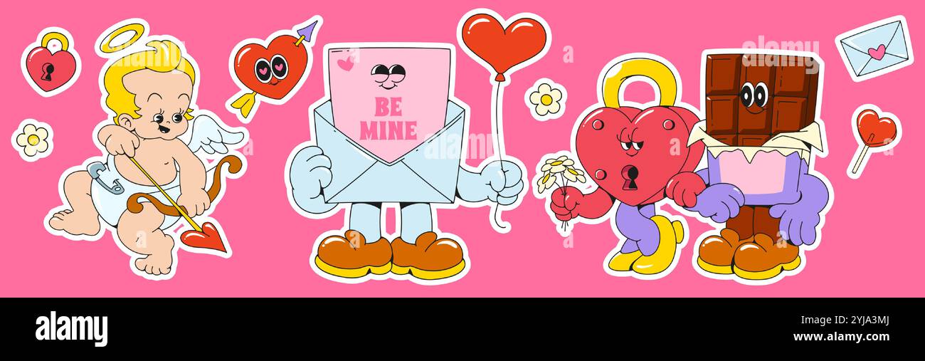 Romantico set di adesivi retrò - cupido alato con fiocco, cartoncino in busta con palloncino, lucchetto a forma di cuore in coppia con barretta di cioccolato. Personaggi cartoni animati per il design di San Valentino. Illustrazione Vettoriale