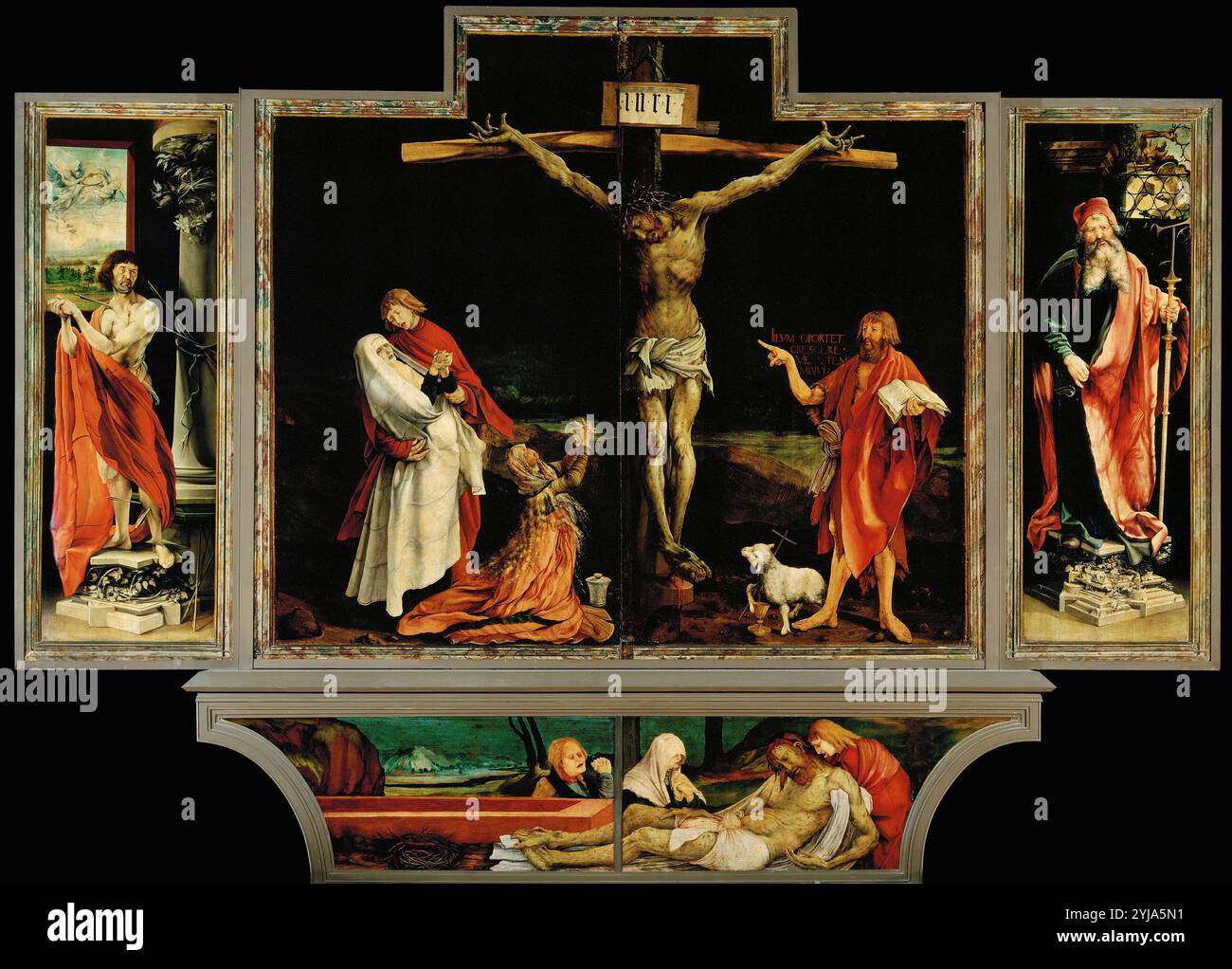 Matthias Grünewald / 'Inssenheim Altar: Crocifissione', 1515. Museo: MUSEE D'UNTERLINDEN, Colmar, Francia. GESÙ. San Giovanni Battista. MARY MAGDALENE. VERGINE MARIA. SAN SEBASTIAN. SAN JUAN EVANGELISTA. Foto Stock