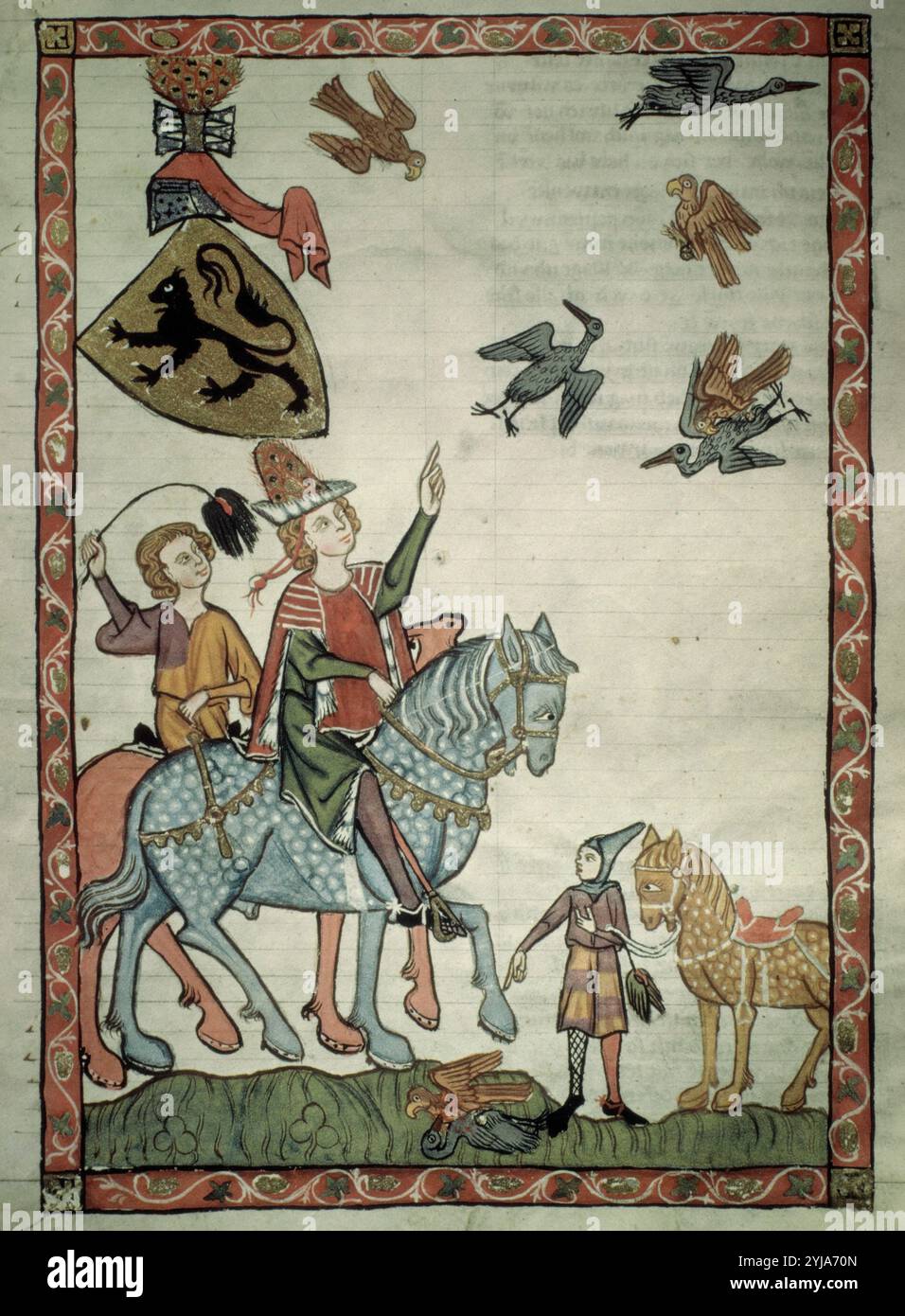 Codice Manesse 1305-40. Manoscritto tedesco, imperatore Enrico III di Meissen (1017-56) caccia con falco, 1382, ilumination del libro, Codex Manesse. Museo: BIBLIOTECA UNIVERSITARIA, Heidelberg, GERMANIA. Foto Stock