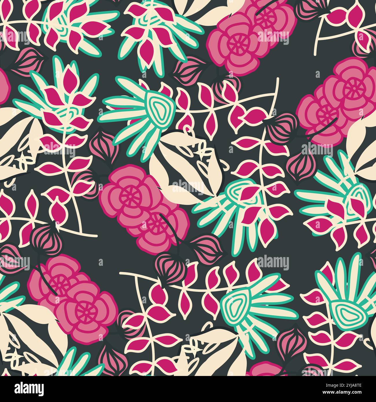 Piante di botanica Doodled pattern di ripetizione senza cuciture. Illustrazione di fiori, foglie e rami collocati in modo casuale su tutta la superficie stampata. Illustrazione vettoriale Illustrazione Vettoriale