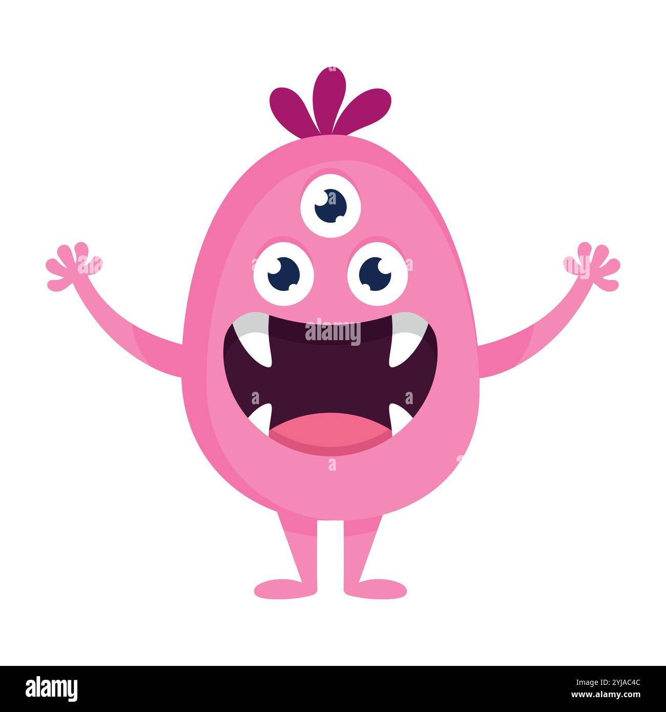 Carino mostro dei cartoni animati con tre occhi. Divertente creatura rosa in stile infantile con bocca grande e zanne. Illustrazione vettoriale Illustrazione Vettoriale