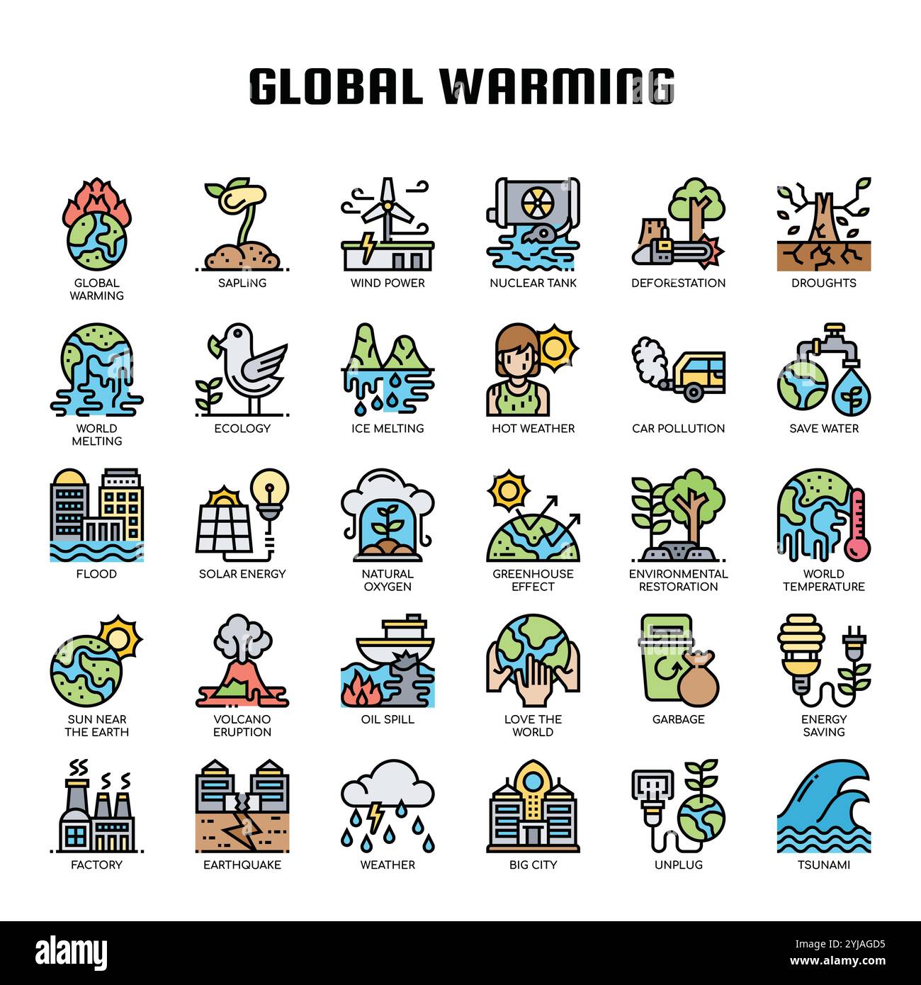 Icone della linea sottile per il riscaldamento globale Illustrazione Vettoriale