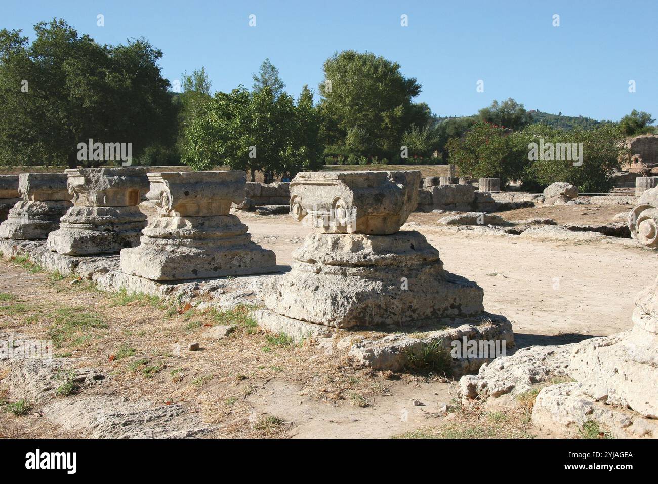 Olympya. Il Leonidaion. Fu costruito intorno al 330 a.C. resti di capitelli ionici con volute. Grecia. Foto Stock
