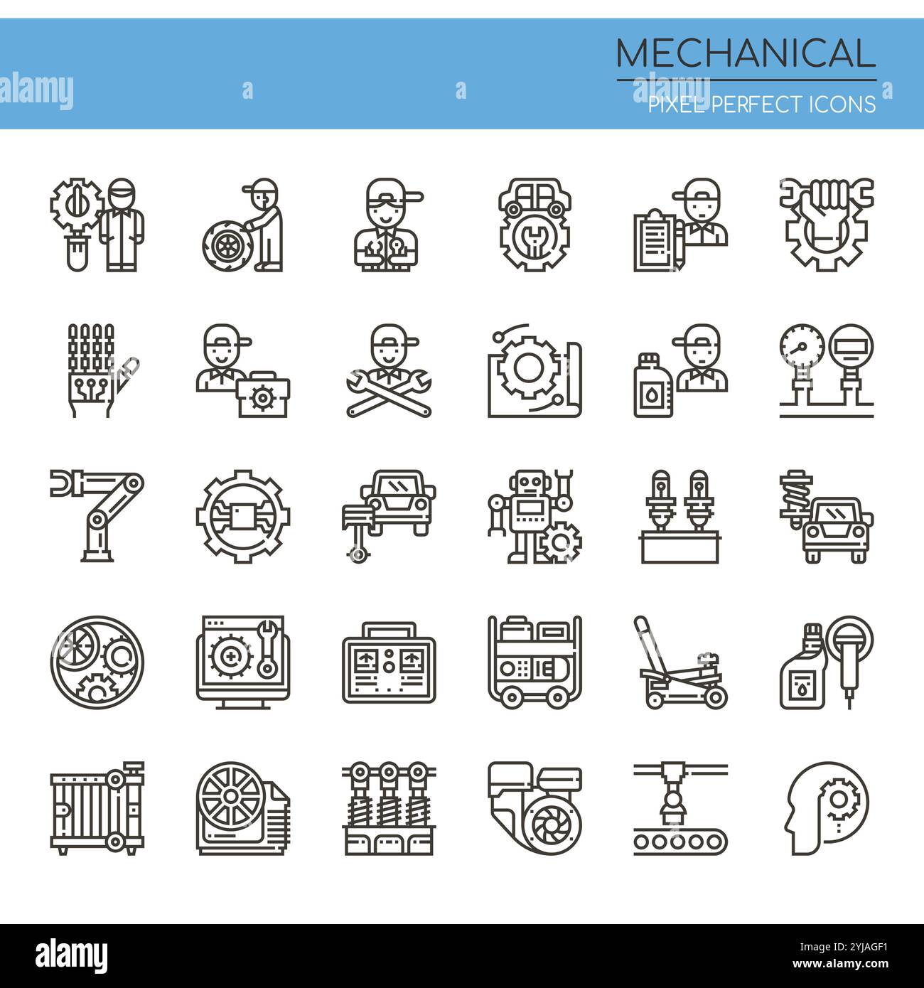 Set di icone meccaniche a linee sottili in bianco e nero Illustrazione Vettoriale