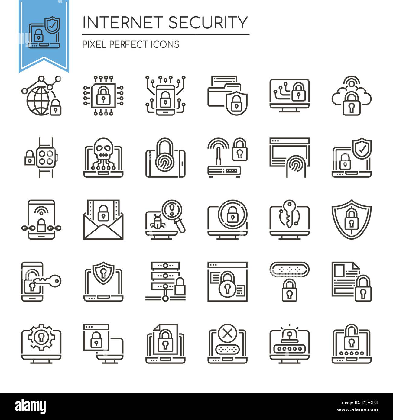 Set di icone di sicurezza Internet in bianco e nero sottili Illustrazione Vettoriale