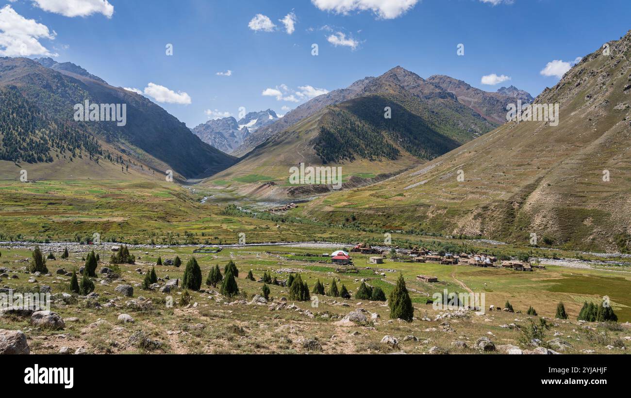 Paesaggio rurale di montagna panoramico con villaggio nel Parco Nazionale di Khunjerab, Hunza Nagar, Gilgit Baltistan, Pakistan Foto Stock