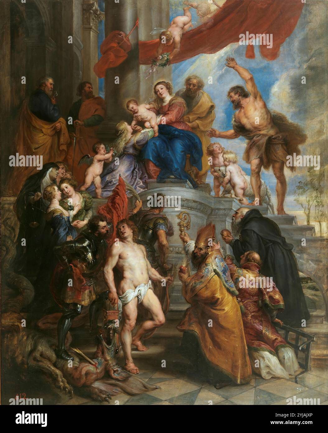 Pedro Pablo Rubens / "la Sacra famiglia circondata dai Santi", ca. 1630, Scuola fiamminga, olio su pannello, 79,5 cm x 64 cm, P01703. MUSEO: MUSEO DEL PRADO, MADRID, SPAGNA. AUTORE: PETER PAUL RUBENS. SAN GIUSEPPE. BAMBINO GESÙ. VERGINE MARIA. Foto Stock