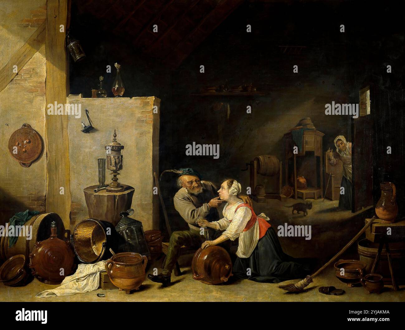 David Teniers (Copia) / "il Vecchio e il Servo", scuola fiamminga, olio su rame, 49 cm x 64 cm, P01800. MUSEO: MUSEO DEL PRADO, MADRID, SPAGNA. AUTORE: DAVID TENIERS (COPIA). Foto Stock