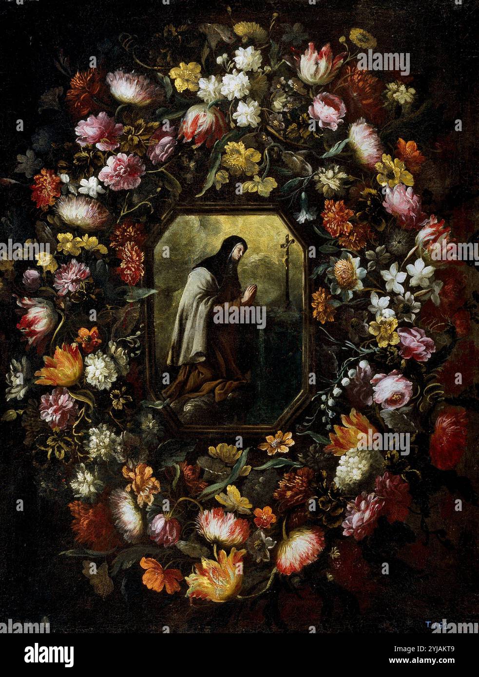 Bartolomé Pérez / "ghirlanda di fiori con Santa Teresa di Gesù", seconda metà del XVII secolo, scuola spagnola, olio su tela, 95 cm x 73 cm, P01057. MUSEO: MUSEO DEL PRADO, MADRID, SPAGNA. Foto Stock