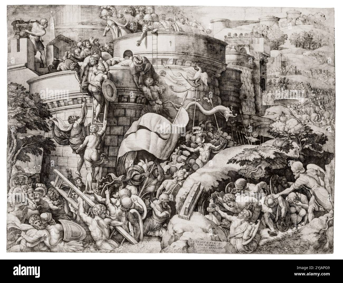 L'assedio di Cartagine, incisione di Giulio Romano (Giulio Pippi) e Georg Pencz, 1539 Foto Stock