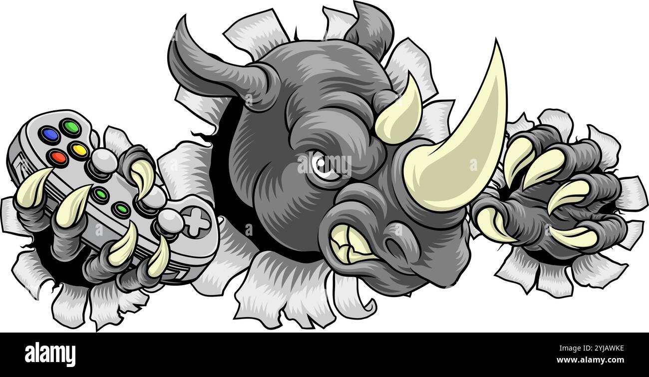 Rhino Rhinoceros Gamer Gaming Cartoon Mascot Illustrazione Vettoriale