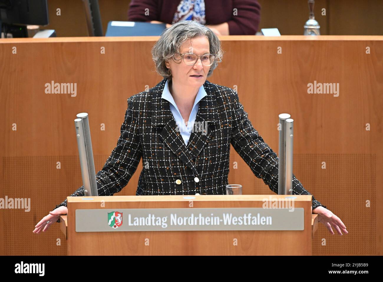 INA SCHARRENBACH, CDU, Ministro degli affari interni, degli enti locali, delle costruzioni e della digitalizzazione dello Stato della Renania settentrionale-Vestfalia, durante il suo discorso alla 78a sessione del Parlamento di Stato della Renania settentrionale-Vestfalia, al Parlamento di Stato della Renania settentrionale-Vestfalia NRW, Duesseldorf, il 13 novembre 2024, XCUT: & Co Pressefoto KG # Prinzess-Luise-Str. 41 # 45479 M uelheim/R uhr # Tel. 0208/9413250 # Fax. 0208/9413260 # GLS Bank # BLZ 430 609 67 # KTO. 4030 025 100 # IBAN DE75 4306 0967 4030 0251 00 # BIC GENODEM1GLS # www.svensimon.net TOP 2: Quali sono i piani segreti per ridurre m Foto Stock