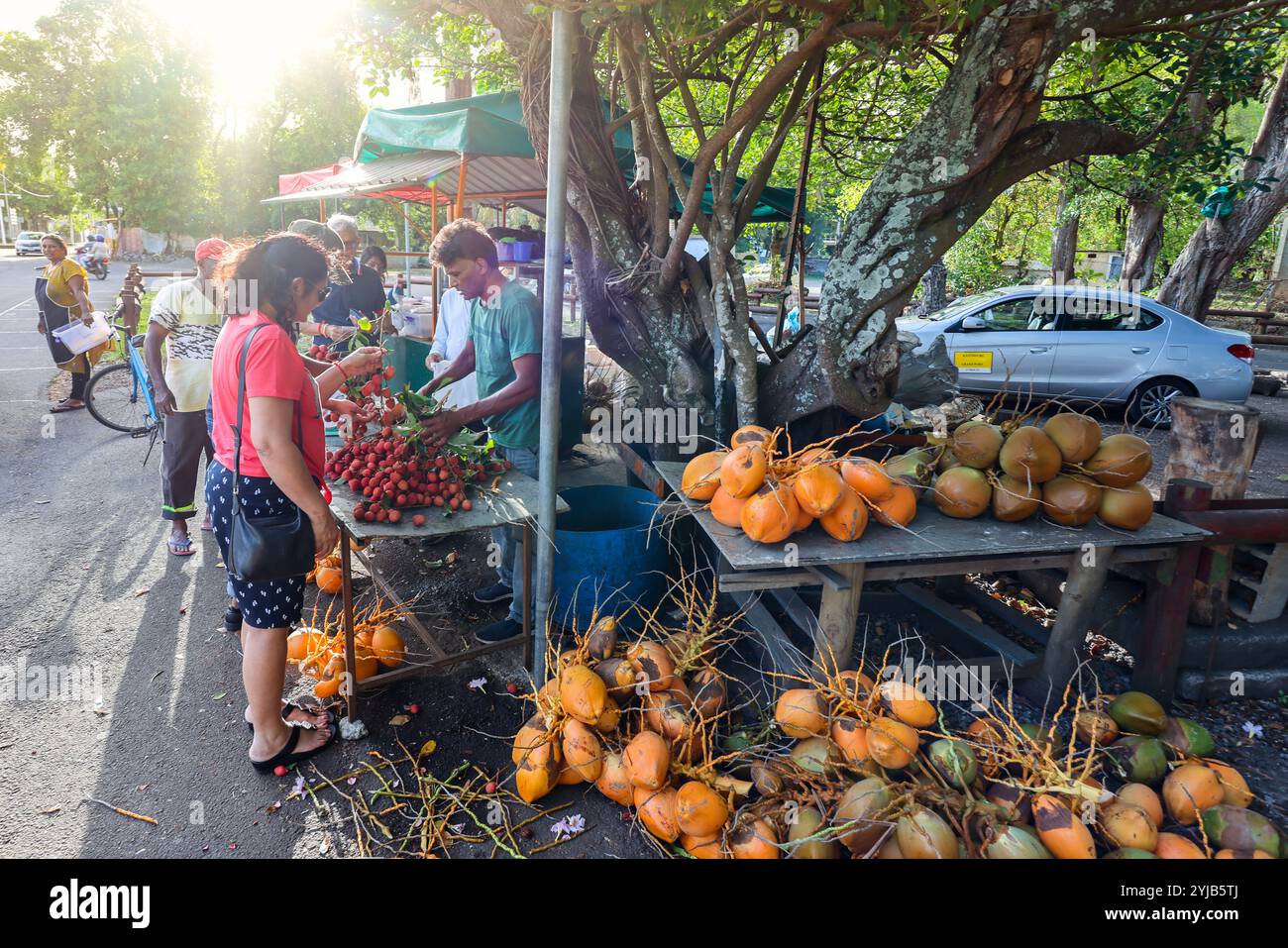 Diversi individui si sono riuniti intorno a un banco di frutta a Mauritius, mostrando vari frutti, tra cui il litchi. Foto Stock