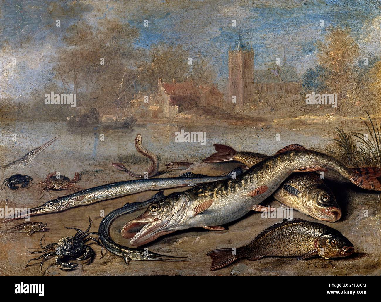 Jan van Kessel 'el Viejo' / 'pesci e paesaggio', CA. 1656, Scuola fiamminga, olio su rame, 14 cm x 19 cm, P02749. MUSEO: MUSEO DEL PRADO, MADRID, SPAGNA. AUTORE: JAN VAN KESEL PADRE. Foto Stock