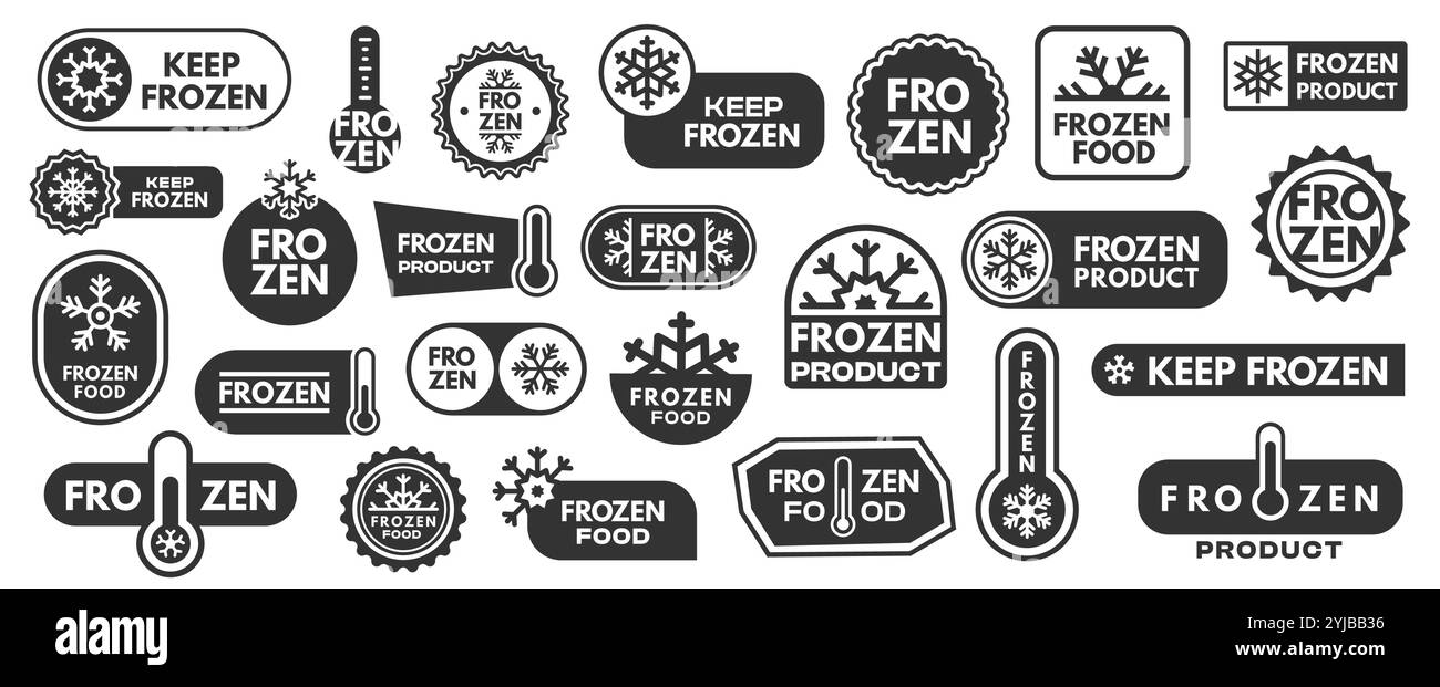 Adesivi neri per prodotti surgelati. Etichette monocromatiche per carne e pesce con icone della temperatura e badge per l'imballaggio di alimenti surgelati. Set isolato vettoriale Illustrazione Vettoriale