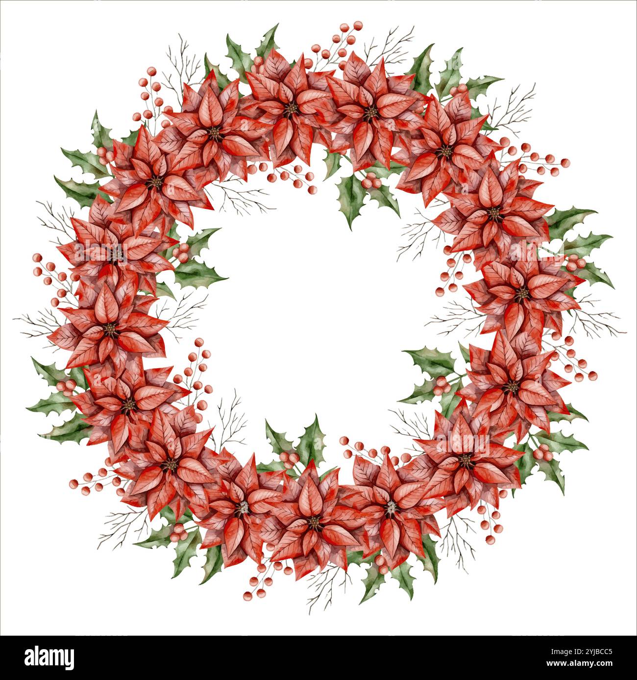 Capodanno Natale corona di acquerello disegnata a mano di poinsettia, ramoscello di agrifoglio, ramoscello di albero senza foglie e ramoscello con frutti di bosco Illustrazione Vettoriale