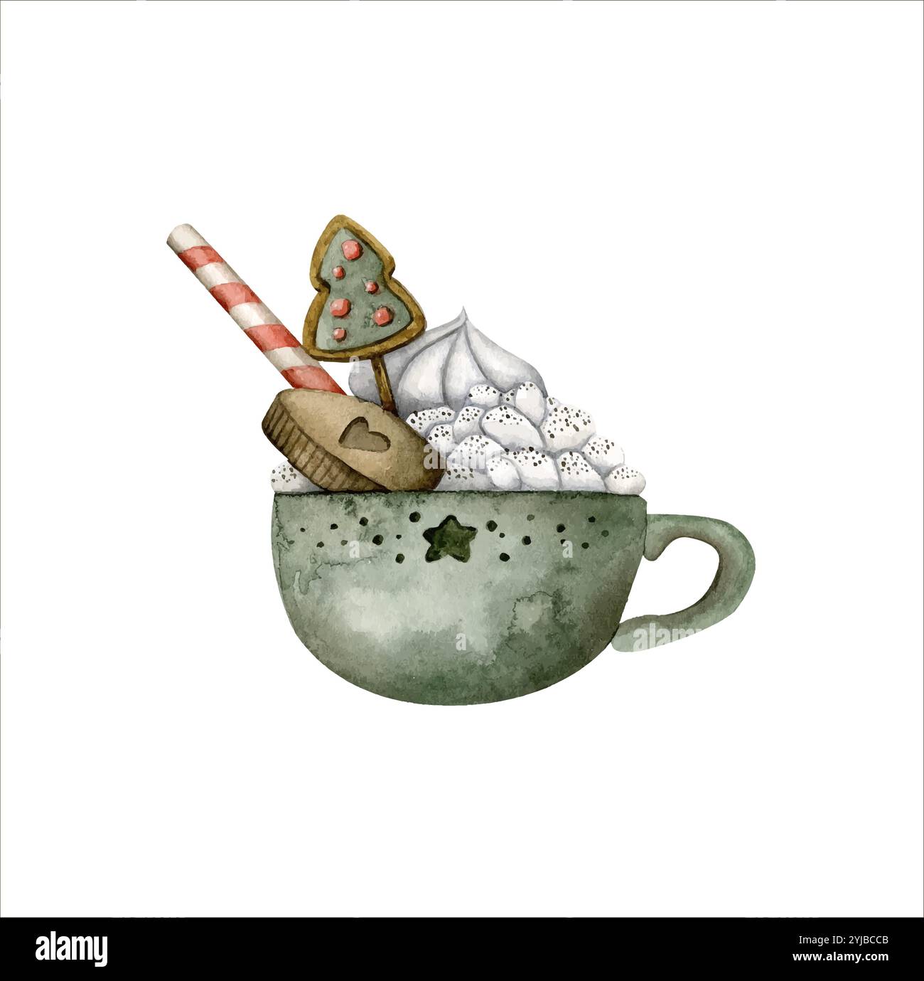 Coppa verde disegnata a mano per Natale di Capodanno con cacao, marshmallow, biscotti, meringa, pan di zenzero e paglia. Illustrazione acquerello per la decorazione di un Illustrazione Vettoriale