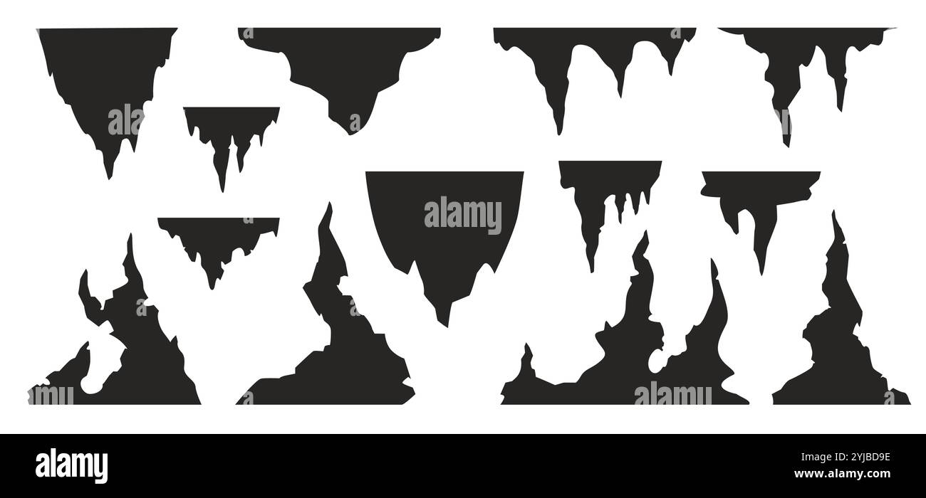 Stalagmiti di silhouette. Gioco cartoni animati di caverne sotterranee scure con formazioni di pietra, elementi geologici di sfondo. Stalattiti vettoriali e. Illustrazione Vettoriale