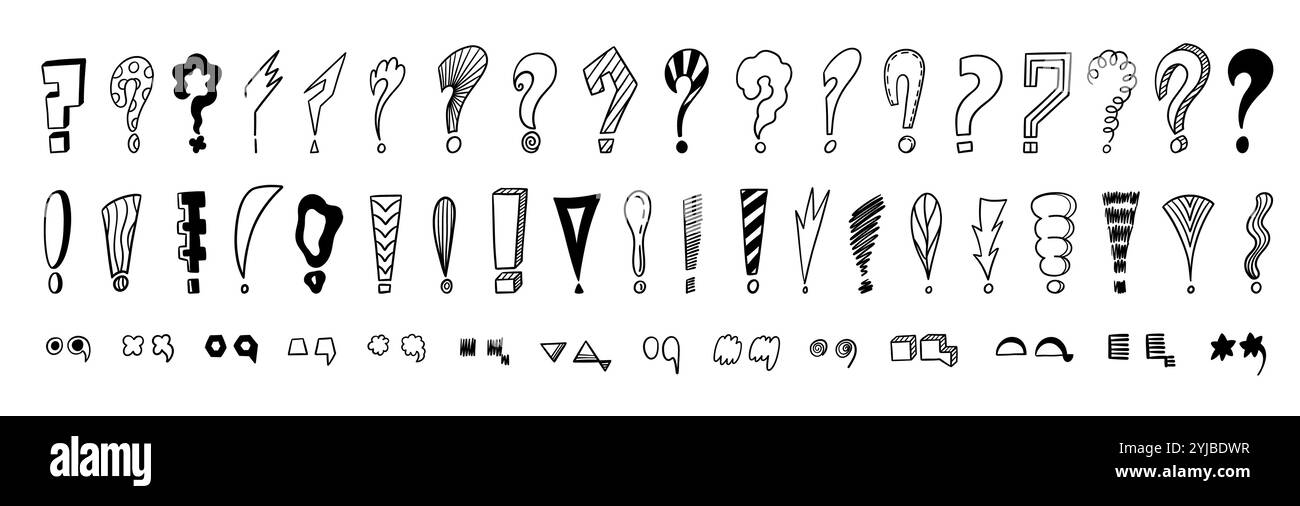 Segno di punteggiatura Doodle. Domande e punti esclamativi disegnati a mano, raschietto e segnali di avvertimento. Set isolato vettoriale Illustrazione Vettoriale
